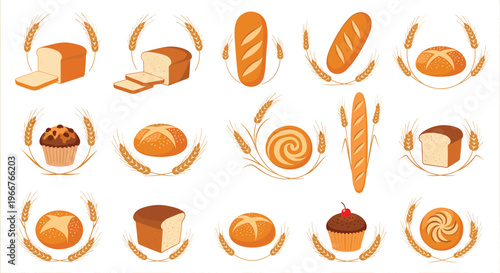 Assorted bread and grain logos feature baguettes, loaves, and muffins with wheat stalks for bakery and artisanal flour brand identities.