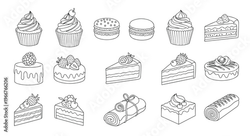 Fine line illustrations of sweet treats include cupcakes, macarons, and cake slices for elegant bakery menus and stationery designs.