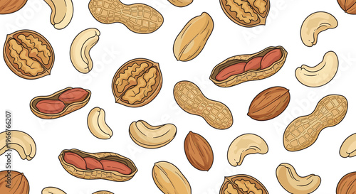 Seamless pattern of various nuts including walnuts, peanuts, and cashews is displayed in a hand-drawn style for food packaging designs.