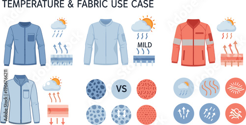 Temperature and Fabric Use Case Illustration with Clothing Layers, Weather Conditions, Breathability, Insulation and Material Performance Guide for Outdoor Apparel and Fashion Design