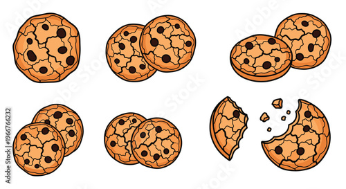 Sweet chocolate chip cookies are illustrated in various groupings and states including broken halves for snack food packaging.