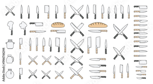 Comprehensive collection of kitchen knife vectors and bread loaves includes chef tools in various positions for culinary branding.