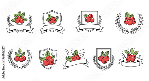 Red berry emblems and badges feature clusters of cranberries with leaves and ribbons for organic juice and preserve product labels.