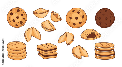 Assorted cookie collection includes chocolate chip, fortune, and sandwich biscuits for bakery and snack food advertisements.