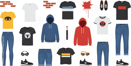 Casual Streetwear Outfit Collection with T Shirts, Hoodies, Jeans, Sneakers and Accessories for Urban Fashion, Youth Style and Modern Clothing Design