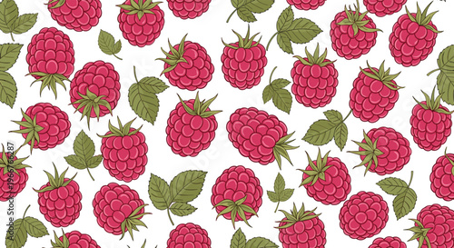 Lush seamless pattern of ripe pink raspberries with green leaves provides a vibrant background for fruit and dessert packaging.