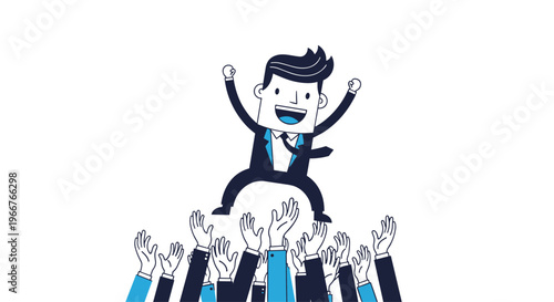 Successful businessman being tossed into the air by a cheering crowd of colleagues to celebrate victory and achievement.