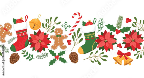 Festive Christmas horizontal border with red stockings, gingerbread cookies, poinsettia flowers, candy canes, and pine cones.