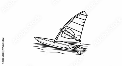 A black and white line drawing of a windsurfer on wavy water