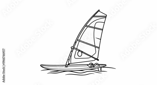 A black and white line drawing of a windsurfer on water