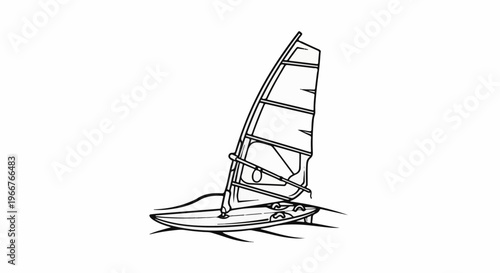 A black and white line drawing of a windsurfing board on water