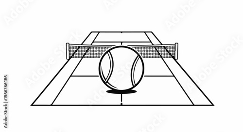 A black and white line drawing shows a tennis ball centered on a court in front of a net