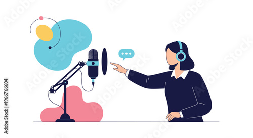 Female radio host or podcaster wearing headphones and speaking into a professional microphone at a recording studio.