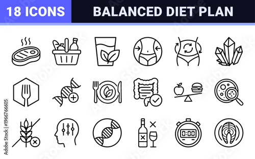 Nutrition and Dietetics Minimalist Monoline Icon Set featuring Metabolic Health, Healthy Eating, and Fitness Physiology Geometric Line Art