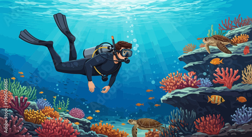 A scuba diver explores a vibrant coral reef ecosystem with a sea turtle swimming nearby