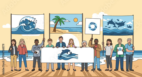 Diverse group of activists holding signs and banners advocating for ocean conservation on a beach.