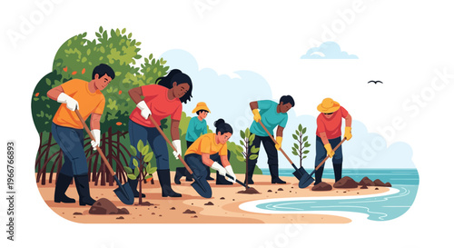 Diverse group of volunteers planting mangrove saplings on a sandy shore for environmental conservation