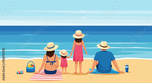 Family enjoys a sunny beach vacation by the ocean with children and parents wearing hats.