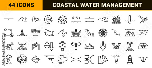Ocean Tides and Marine Meteorology Outline Icons featuring Minimalist Monoline Coastal Water Management and Hydrographic Surveying Symbols