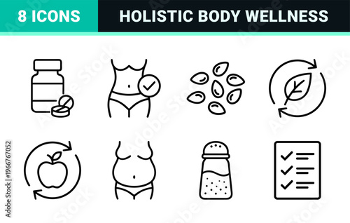 Holistic Nutrition and Metabolic Wellness Minimalist Monoline Icon Set featuring Digestive Health, Dietetics, and Organic Superfoods