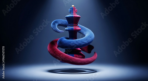 Abstract chess piece with swirling red and blue fur in a dark studio setting.
