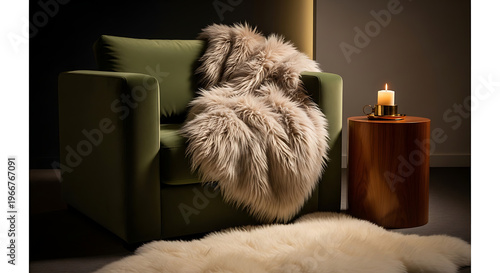 Stylish green armchair with a sheepskin rug and candle