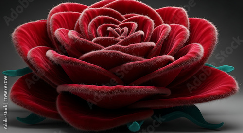 A fluffy, three-dimensional, red rose with delicate petals and stems.