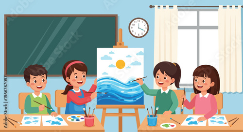 Two young children happily painting an ocean scene together in an art class