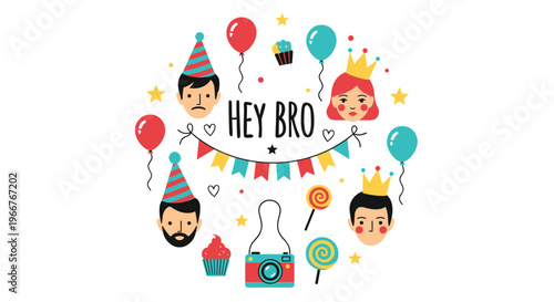 Fun birthday celebration circle featuring male and female faces with party hats, balloons, sweets, and a Hey Bro message.