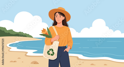 Woman in sun hat carrying reusable shopping bag with plants on a sandy beach near the ocean