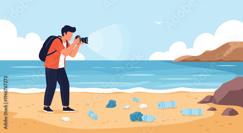 Photographer documents plastic pollution on a sandy beach near the ocean