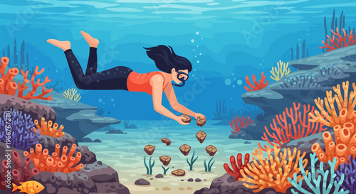 Woman diver planting coral fragments underwater for ocean conservation and marine restoration