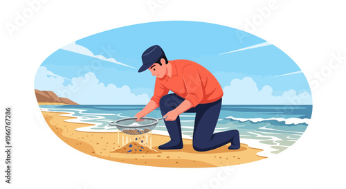 Man collecting microplastics from a sandy beach with a sieve near the ocean