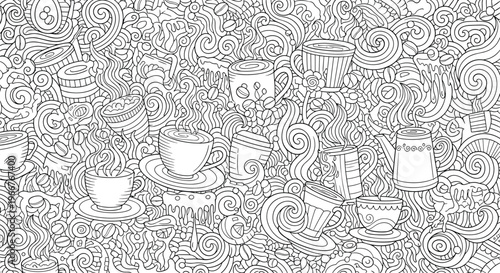 Intricate black and white coffee-themed doodle pattern with various cups, mugs, coffee beans, steam, and decorative swirls.