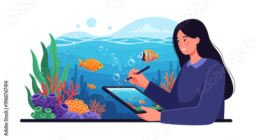 A skilled artist uses a digital tablet to illustrate vibrant ocean life and underwater scenes
