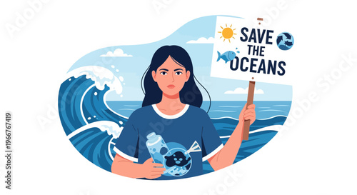 Woman holding 'Save the Ocean' sign with waves and plastic pollution imagery