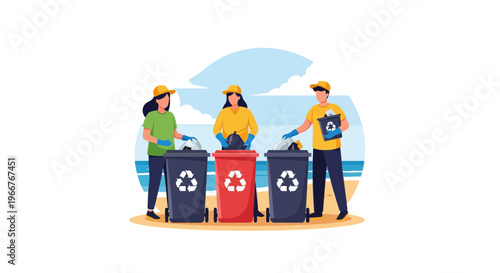 Volunteers sorting recyclable waste on a sunny beach for environmental cleanup