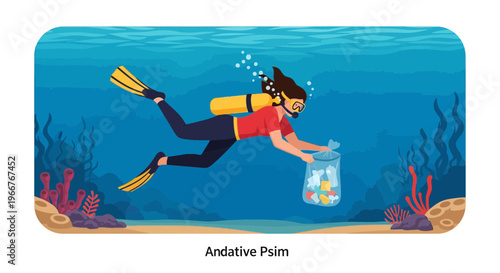 Diver Woman Cleaning Underwater Ocean Environment Collecting Trash