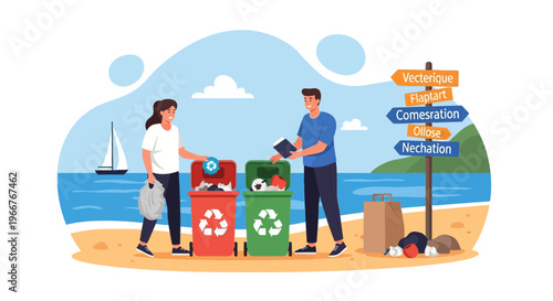 Volunteers actively sorting waste into recycling bins on a sunny beach, promoting environmental conservation