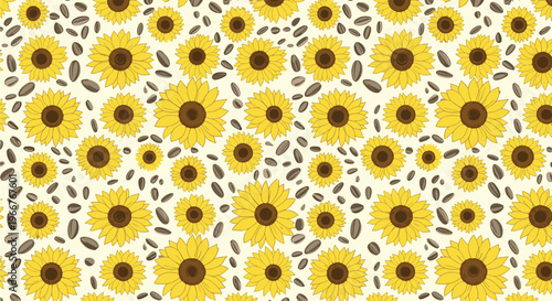 Bright and cheerful seamless pattern of yellow sunflowers and sunflower seeds on a light yellow background for summer textiles.