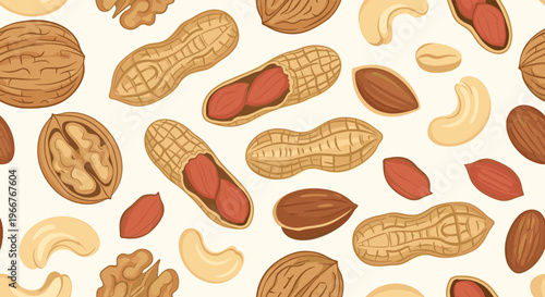 Seamless background pattern of various nuts like walnuts, peanuts, almonds, and cashews on a light cream surface for food packaging.