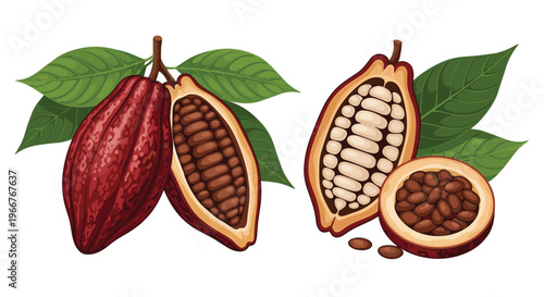 High quality illustrations of cocoa pods and beans including cross sections and whole fruit with green leaves for chocolate lovers.