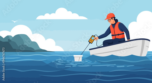 Man in boat conducting water quality research with testing equipment in a natural environment