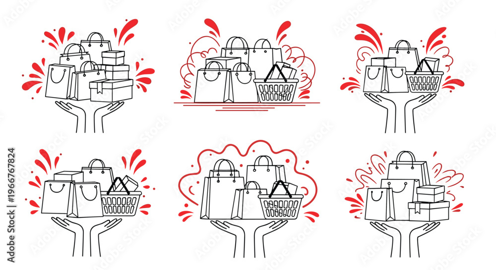 Fototapeta premium Stylized sketches of hands holding various shopping bags and gift boxes for retail sales, e-commerce, and holiday consumerism concepts.