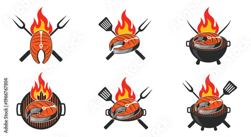 Set of salmon steak barbecue logos featuring grilled fish with flames and cooking utensils for seafood restaurant and catering branding.