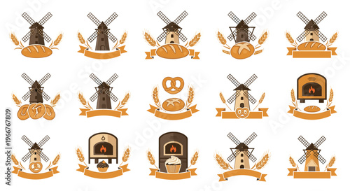 Collection of bakery emblems featuring traditional windmills, fresh bread loaves, and wood fired ovens for artisan flour and bread shops.
