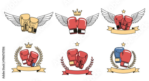 Set of boxing glove emblems featuring wings, crowns, and laurel wreaths for sports club logos and competitive martial arts branding.