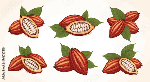 Detailed botanical illustrations of cocoa fruit pods with leaves for chocolate manufacturing and tropical agriculture educational materials.