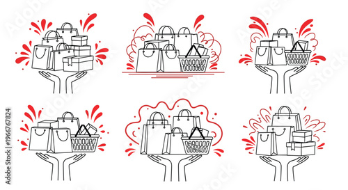 Stylized sketches of hands holding various shopping bags and gift boxes for retail sales, e-commerce, and holiday consumerism concepts.