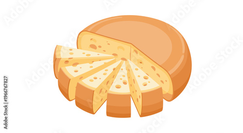 Detailed illustration of a large wheel of swiss cheese with several slices removed for deli menu designs and dairy product advertisements.